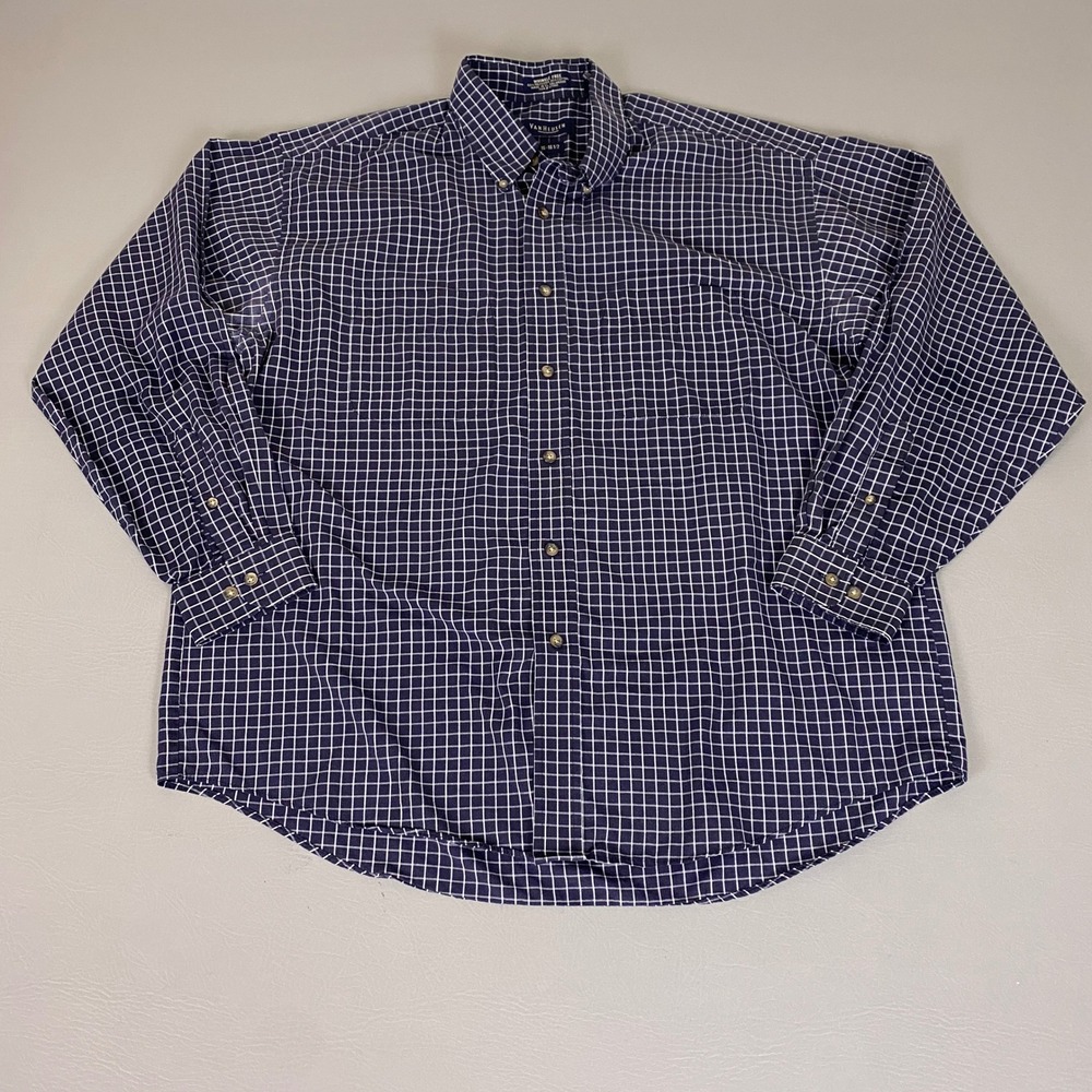 Van Heusen Button Down Shirt Mens L 16-16.5 Navy White Grid Wrinkle Free *Flaw*